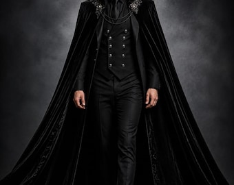 Black Velvet Cape Coat for Men, Gothic Royal Formal Suit, Luxury Victorian Wedding Cloak, Dracula Style Three Piece Suit Outfit