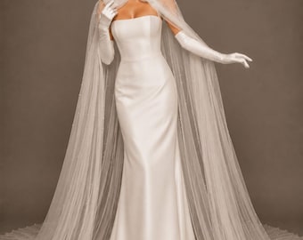 Voile de mariée perle cathédrale, cape de mariage nœud sur le devant, long voile de mariée en tulle, cape de mariée élégante cape minimaliste