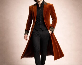Men’s Gothic Victorian Velvet Coat, Burnt Orange Long Tailcoat, Steampunk Wedding Jacket, Retro Formal Coat, Slim Fit Evening Wear
