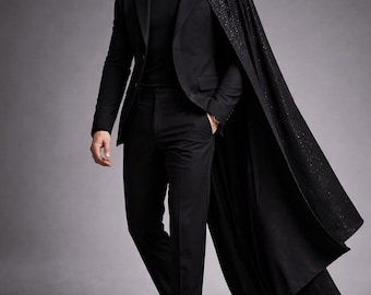 Black Sequin Cape Suit for Men, Luxury Designer Tuxedo with Cape, Gothic Formal Blazer, Wedding Party Prom Outfit, Modern Elegant Menswear