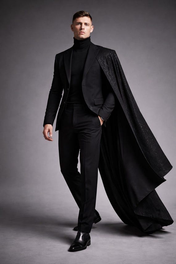 Black Sequin Cape Suit for Men, Luxury Designer Tuxedo with Cape, Gothic Formal Blazer, Wedding Party Prom Outfit, Modern Elegant Menswear