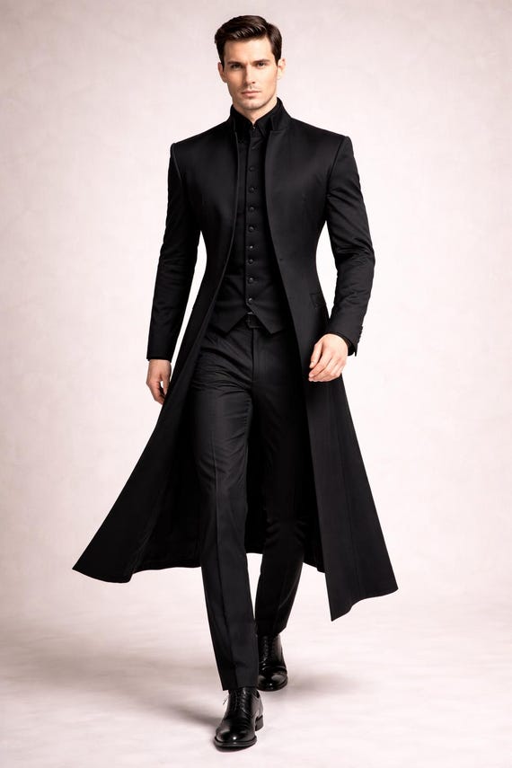 Simple Black Gothic Wedding Coat for Men, Long Victorian Tailcoat, Elegant Slim Fit Formal Groom Outfit, Minimalist Gothic Style