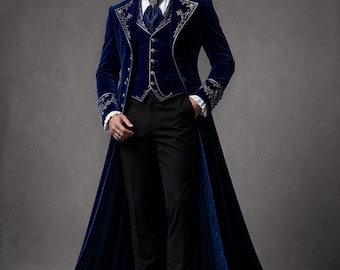 Royal Blue Victorian Long Coat for Men, Gothic Tailcoat, Steampunk Formal Jacket, Vintage Aristocrat Coat, Medieval Wedding Outfit