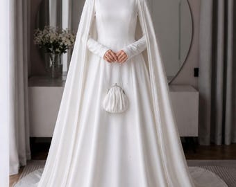 Elegant Modest Muslim Bridal Gown with Pearl Cape, White Hijab Wedding Dress for Women, Luxury Islamic Wedding Outfit, Custom Bridal Wear