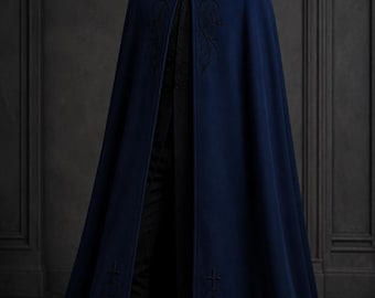Royal Blue Gothic Hooded Cloak, Minimal Embroidery Medieval Fantasy Cape