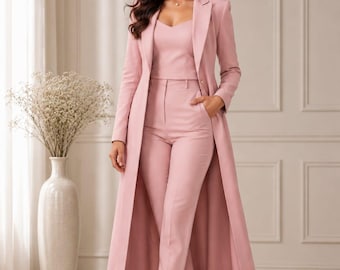Elegant Dusty Pink Pantsuit Set for Women – Long Blazer Coat & High Waist Trousers, Chic Formal Wedding Guest Outfit, Modern Bridal Shower.