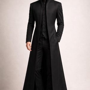 Simple Black Gothic Wedding Coat for Men, Long Victorian Tailcoat, Elegant Slim Fit Formal Groom Outfit, Minimalist Gothic Style image 2
