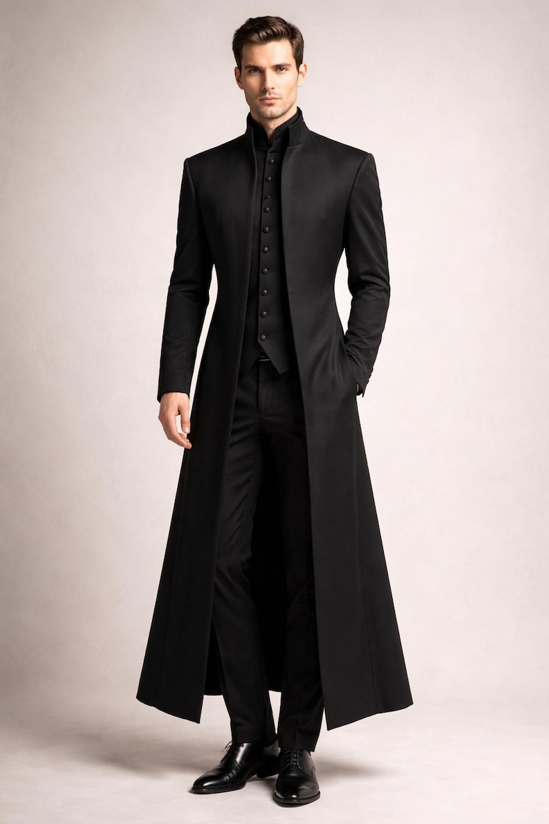 Simple Black Gothic Wedding Coat for Men, Long Victorian Tailcoat, Elegant Slim Fit Formal Groom Outfit, Minimalist Gothic Style image 2