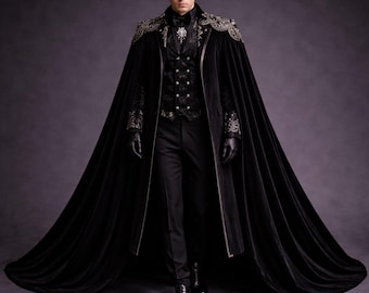Abrigo gótico victoriano de terciopelo negro con capa, traje de vampiro real, traje de novio bordado para bodas, frac formal steampunk, capa de fantasía.