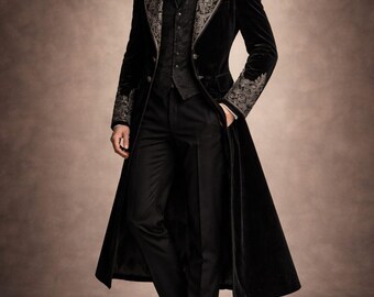 Men’s Gothic Victorian Tailcoat – Black Velvet Embroidered Long Coat, Luxury Wedding Groom Outfit, Formal Steampunk Jacket