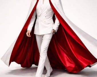 Capa gótica blanca y roja para hombre, manto victoriano largo, capa estilo vampiro, abrigo llamativo para bodas, capa de moda espectacular