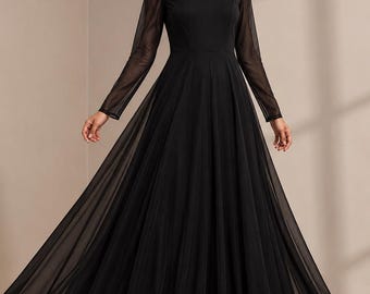 Black Net Flare Maxi Dress, Long Sleeve Evening Gown, Modest Formal Dress, Elegant Floor Length Maxi