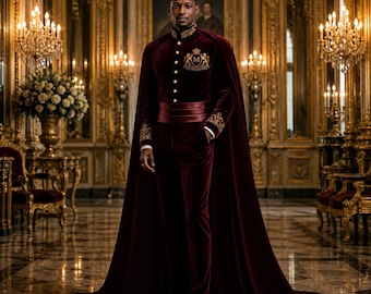 Luxury Burgundy Velvet Royal Suit with Cape for Men – Regal Wedding & Groom Outfit