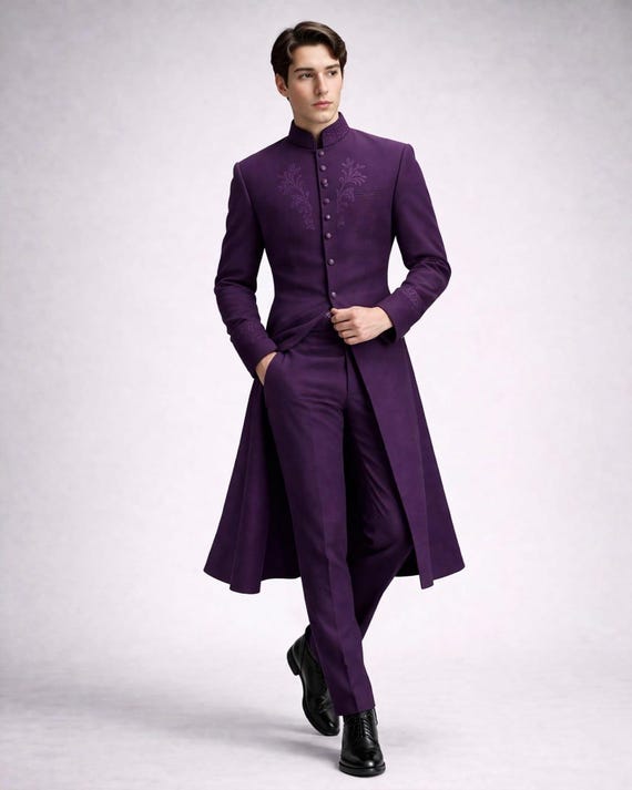 Purple Victorian Suit Men, Gothic Long Coat, High Collar Tailcoat, Formal Wedding Outfit, Royal Menswear, Slim Fit Suit