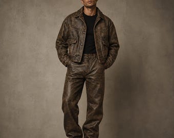 Men’s Distressed Leather Jacket Set, Vintage Brown Leather Outfit, Y2K Streetwear Co Ord, Retro Biker Leather Suit, Oversized Luxury  Set