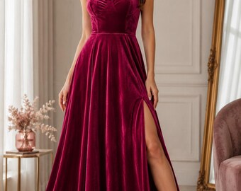 Wine Red Formal Dress, Satin Prom Gown, Velvet Evening Dress, A Line Maxi Dress with High Slit