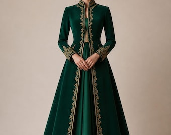 Emerald Green Medieval Princess Gown, Royal Velvet Dress, Gothic Queen Coat Dress, Gold Embroidered Formal Gown, Fantasy Inspired Maxi