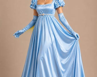 Luxury Cinderella Blue Satin Ball Gown, Princess Prom Dress, Regency Inspired Evening Gown, Fairytale Wedding Guest Dress