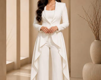 Elegant White Women Suit Set, Bridal Pantsuit with Drape Jacket, Modest Wedding Outfit, Minimalist Bride Look, Custom Made