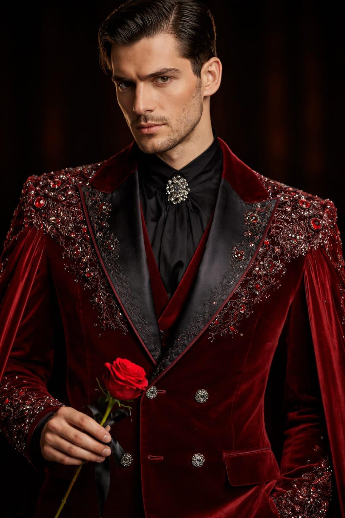 Vampire Formal Men’s Red Velvet Gothic Victorian Coat With Cape, Embroidered Blazer ...