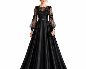 Black Silk Maxi Dress for Women, Velvet Embroidered Net Sleeves, Elegant Evening Gown, Gothic Formal Dress, Pearl Detail Long Dress.