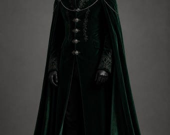 Men's Emerald Gothic Coat with Cape, Victorian Velvet Tailcoat, Gothic Wedding Suit, Fantasy Formal Wear