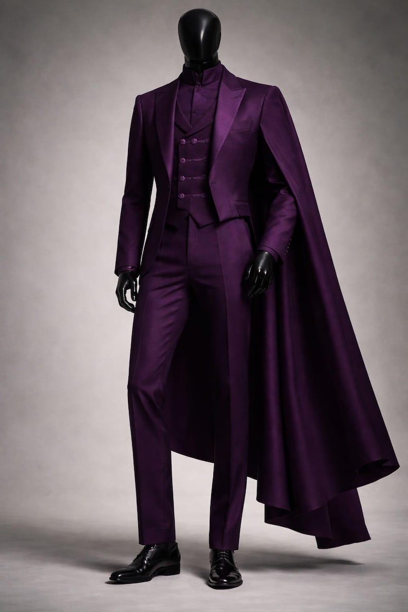 May include: A formal purple suit with a matching cape, vest, and trousers. The suit is displayed on a mannequin with a black head and hands. The ensemble includes a collared shirt and black dress shoes.