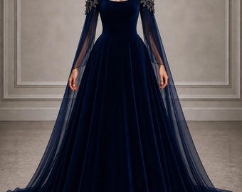 Navy Blue Off Shoulder Ball Gown, Long Sleeve Tulle Evening Dress, Elegant Formal Maxi Dress, Princess Prom Dress