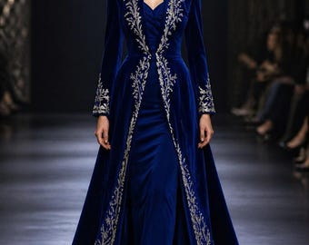 Royal Blue Velvet Evening Gown, Embroidered Maxi Dress, Luxury Formal Dress, Long Sleeve Couture Gown, Royal Blue Wedding Guest Dress.