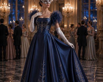 Royal Blue Masquerade Ball Gown, Luxury Satin Princess Dress, Victorian Evening Gown, Masked Ball Dress, Cinderella Inspired Formal Gown.