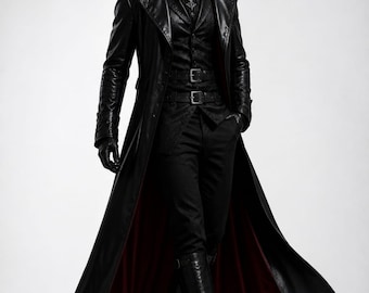 Black Leather Trench Coat Men Gothic Cape, Dracula Style Long Coat, Vampire Costume Outfit, Medieval Gothic Jacket