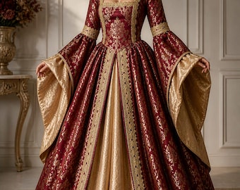 Vestido real barroco rojo y dorado, vestido de baile victoriano, traje renacentista, vestido de noche de brocado de lujo, vestido histórico para mujer.