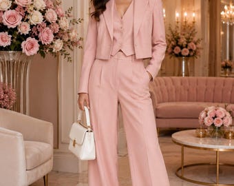 Blush Pink Women’s 3 Piece Pantsuit Set, Elegant Wide Leg Trouser Suit, Chic Office Wear Outfit, Formal Wedding Guest Suit for Women.