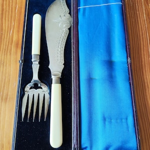 Antique Victorian Bone Handle Fish Serving Set, Engraved Silver Plate Knife and Fork in Original Box, Circa 1890, Gift for Collector