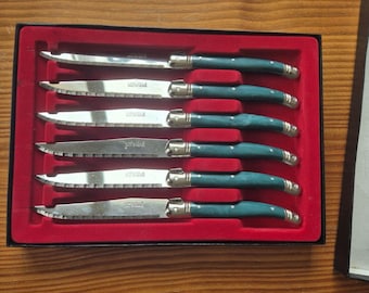 Vintage 90s Laguiole Steak Knives Set of 6, Deep Blue Pearl Handles, French Style Table Cutlery, Unused in Box, Z40C13 Steel, 8.8"
