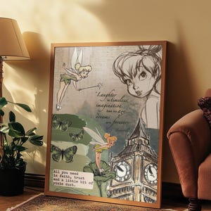 May include: Wooden framed art print with illustrations of Tinkerbell, butterflies, and Big Ben. The artwork includes the quote "Laughter is timeless, imagination has no age, dreams are forever." The print is in a wooden frame.