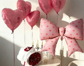 6 stuks roze liefdeshart folieballonnen, roze strik trendy verjaardag, 18e verjaardag ballonnen, decoratie bruids bruiloft!