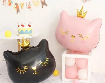 Globo de aluminio con forma de cabeza de gato coronada de dibujos animados, globo grande de aluminio con diseño de gato adorable, decoración para fiestas de cumpleaños, decoración de diseño infantil.