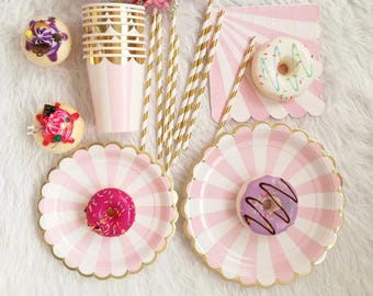 Pink Foil Gold Disposable Paper Plate, Cups, Straw For Kids Birthday, Tableware Birthday, Wedding, Baby Shower Party Decor