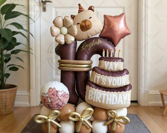 44pcs Capybara Balloons, Retro Caramel Color Number Foil Balloon, Birthday Party Decoration, Birthday Party Decor, Surprise Gift Decor