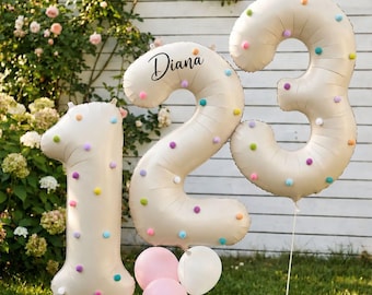Personalized Milky White Number Aluminum Foil Balloon, Number Balloons, Birthday Party Decor, Trendy Plush Balls Design, Balloons for Girls