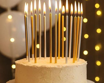6Pcs Gold Silver Long Birthday Candles, Birthday Gold Long Candles, Cake Decoration, Birthday Party Decoration