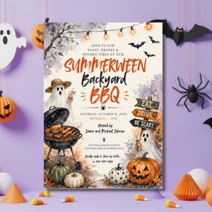 May include: A Summerween Backyard BBQ invitation card featuring watercolor illustrations of ghosts, pumpkins, a charcoal grill, and string lights. Text includes: JOIN US FOR FOOD, DRINKS & SPOOKY VIBES AT OUR SUMMERWEEN BACKYARD BBQ, OCTOBER 31, 20XX.