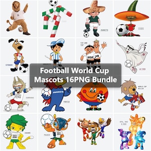 以下が含まれることがあります： サッカーワールドカップのマスコットキャラクター16体を集めたデジタルコレクション。様々なアニメキャラクター、動物、抽象的な図形がサッカーボールと触れ合う様子が描かれ、Football World Cup Mascots 16PNG Bundleというテキストが記載されています。
