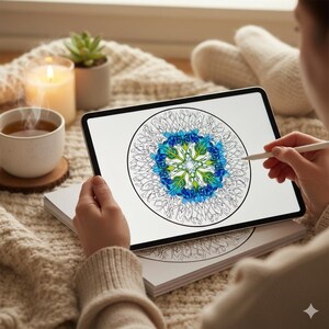 May include: A tablet displaying a mandala design with blue and green floral patterns is being coloured with a stylus. A cup of tea, a lit candle, and a succulent plant are in the background.