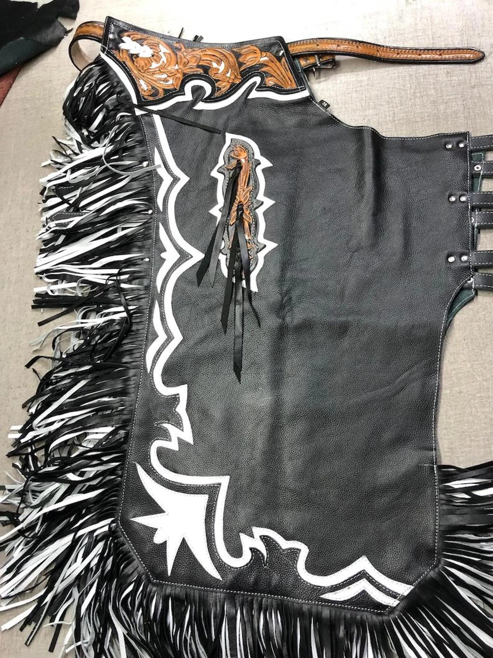 Grey Ranch Riding Chaps Handmade Rodeo Leather Chaps for Men, Black Fringe Riding Chaps, Ranch ...