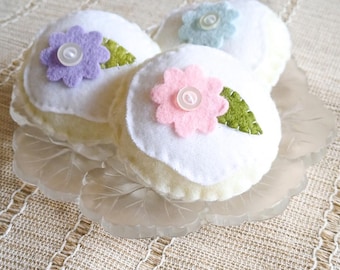 Hand Stitched Felt Flower Button Cookie Toy, Woodland Play Food