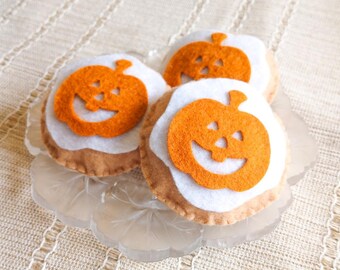 Hand Stitched Felt Pumpkin Cookie Toy, Woodland Play Food, Halloween Toy