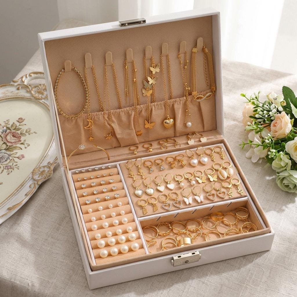 115-Piece Gold Tone Jewelry Set - Assorted Styles, Layering Necklaces,…