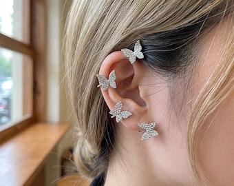 Butterfly Flower Ear Cuffs, No Piercing Sparkle Cartilage Clip Daily Party Wear Jewelry Gift
